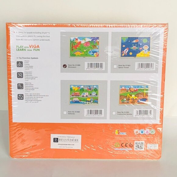 VIGA 24 Pcs Flat Wooden Puzzle w/Tray -Dinosaurs New Sealed For Age 2+ - Picture 11 of 14